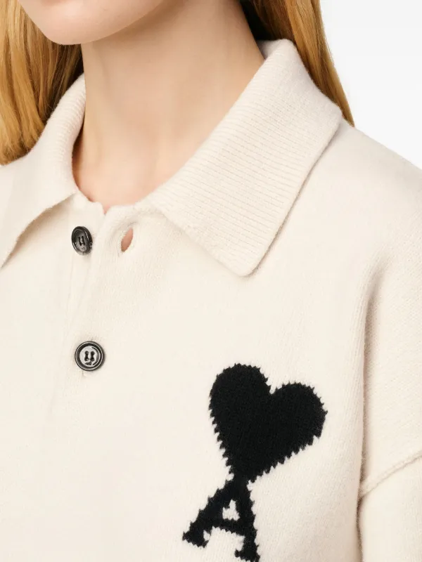AMI Paris Ami De Coeur Wool Polo Shirt | Neutrals | FARFETCH