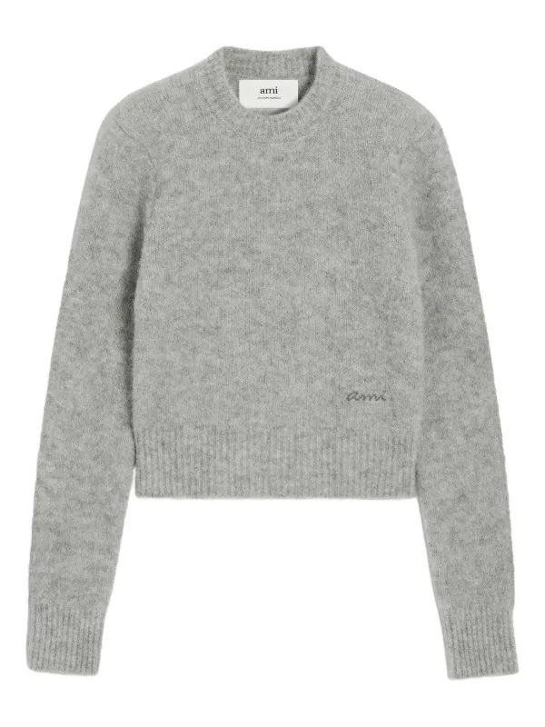 Ami Paris Logo-embroidery Crew-neck Sweater in Grey
