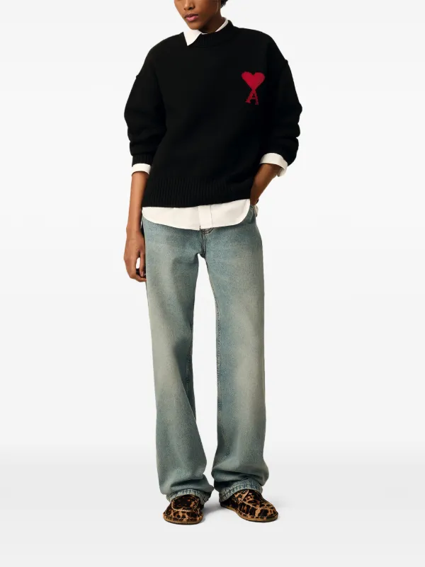 AMI Paris Black Crewneck Wool Sweater With Ami De Coeur | Black