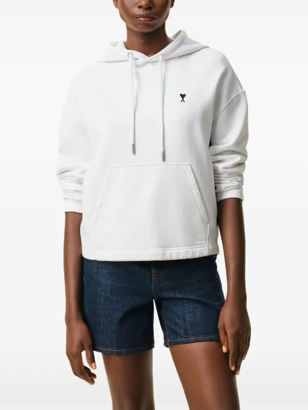AMI Paris Cotton Ami De Coeur Cropped Hoodie | White | FARFETCH CA
