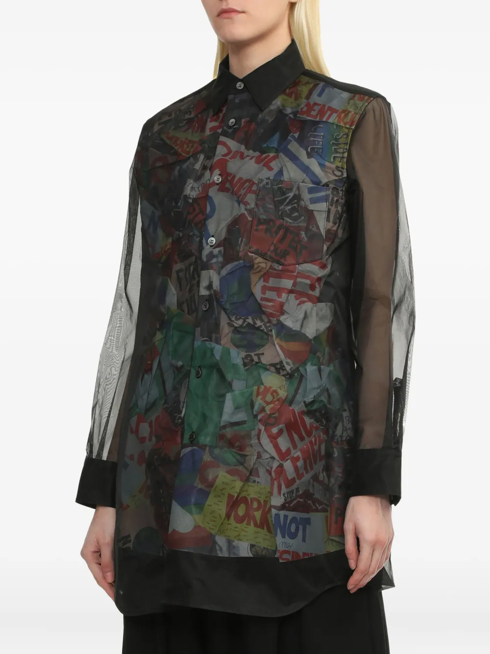 Comme Des Garçons Sheer-panel Printed Shirt In Black