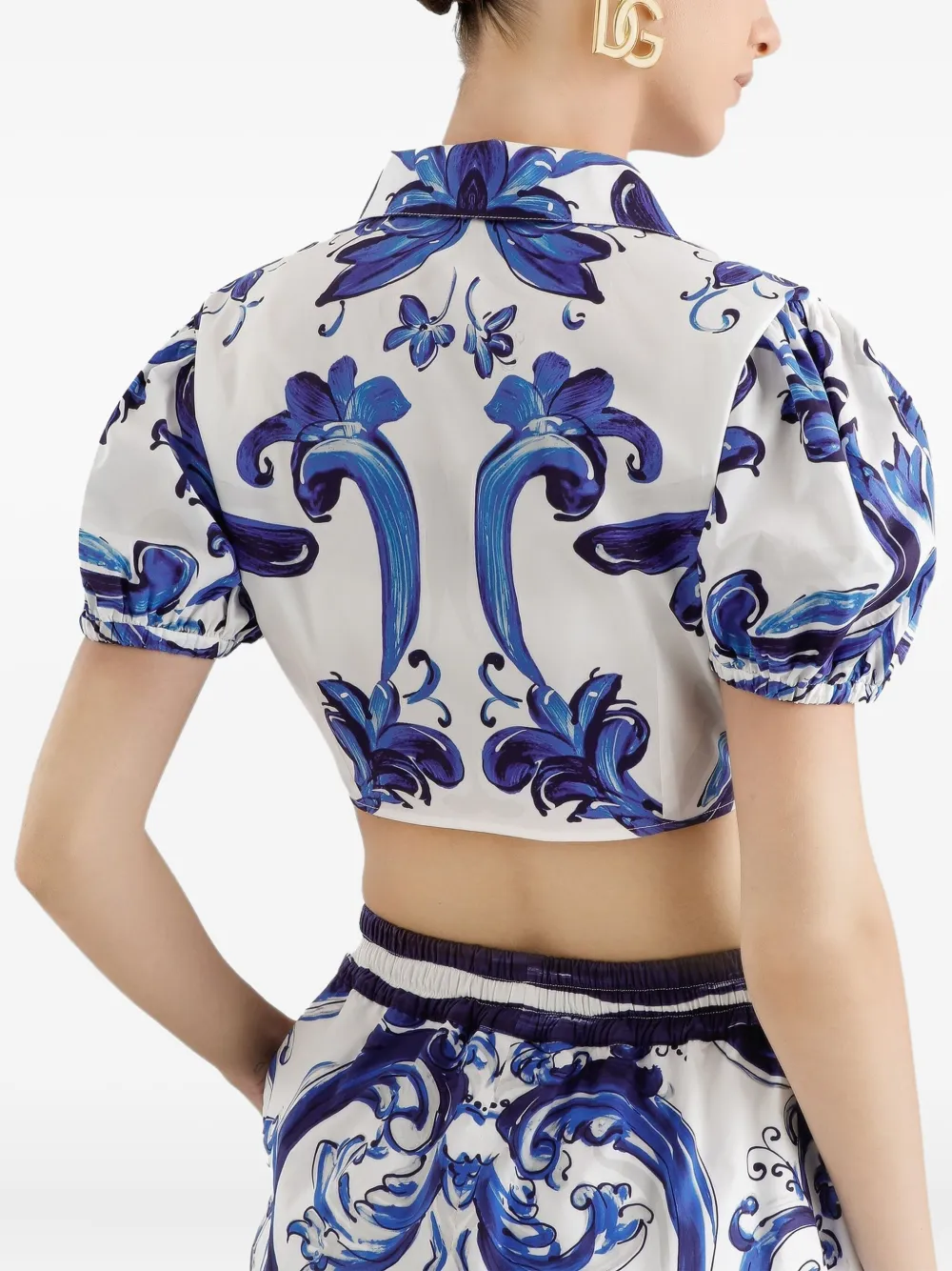 Dolce & Gabbana Majolica-print puff-sleeve top Blauw