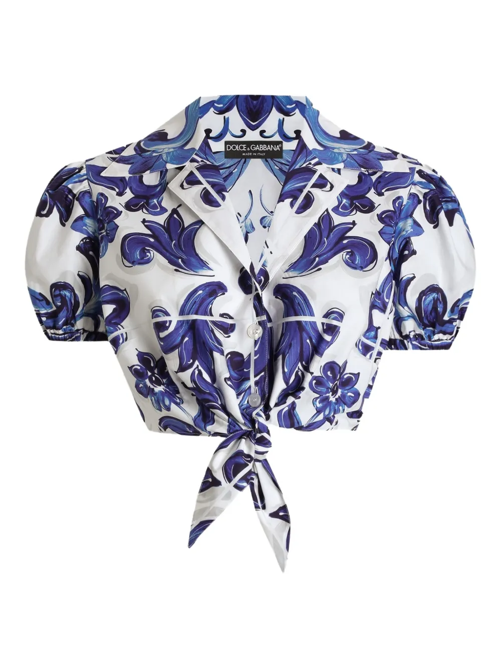 Dolce & Gabbana Majolica-print puff-sleeve top Blauw