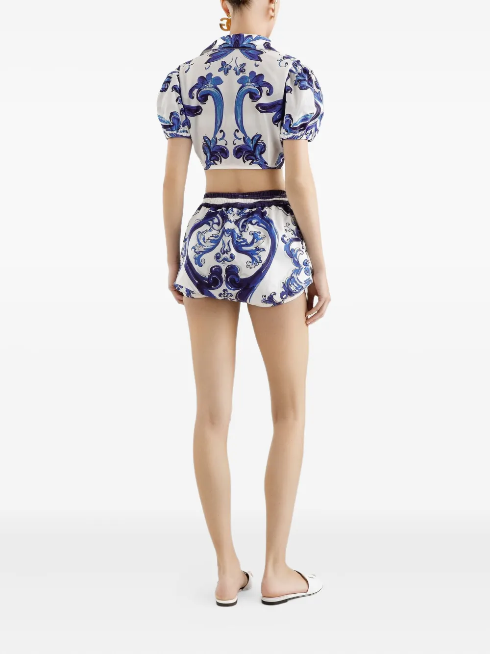 Dolce & Gabbana Majolica-print puff-sleeve top Blauw