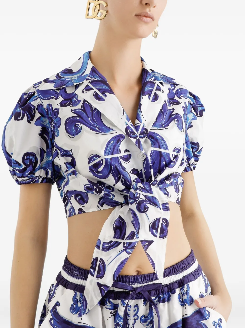 Dolce & Gabbana Majolica-print puff-sleeve top Blauw