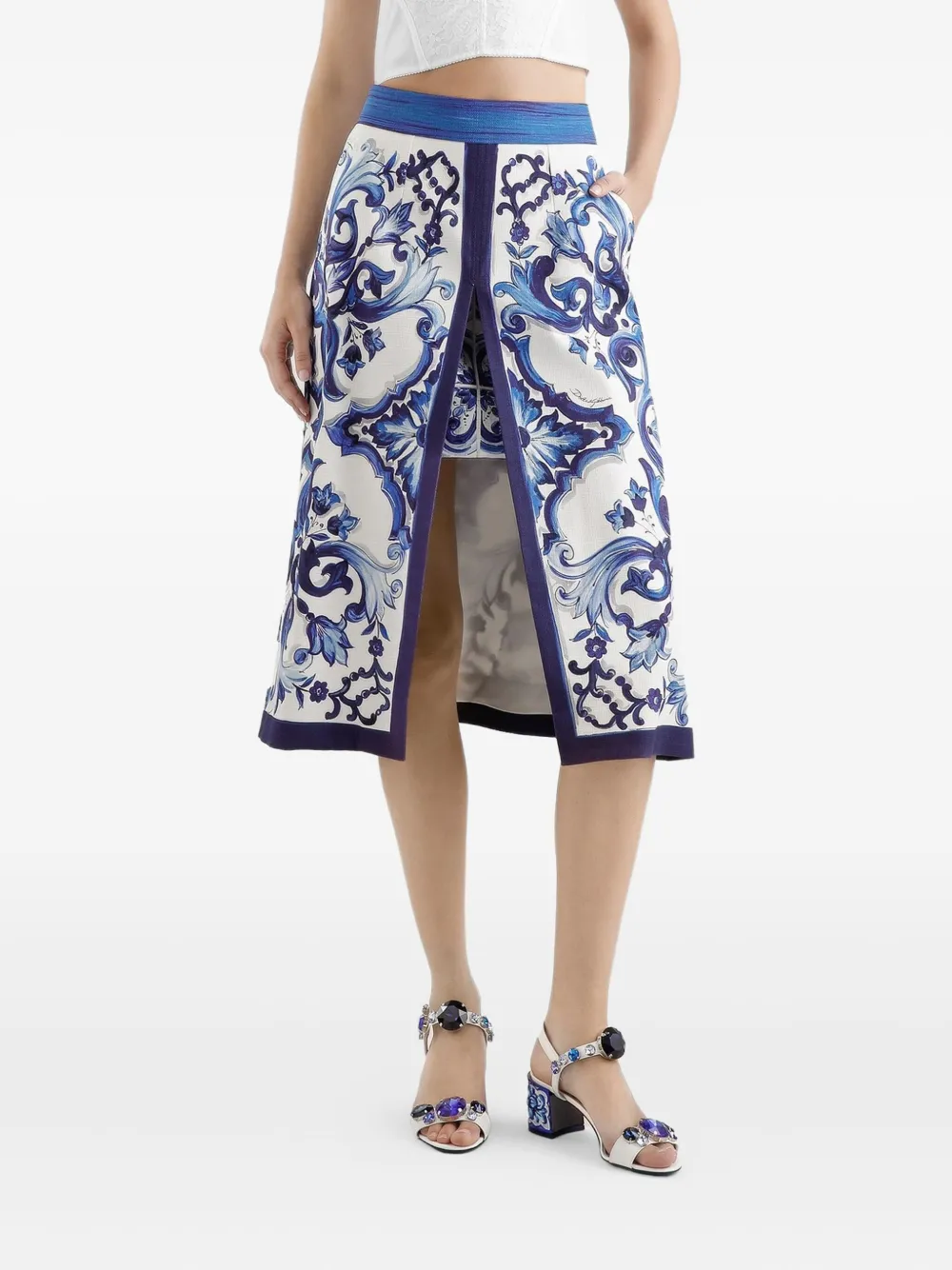 Dolce & Gabbana Majolica-print slit skirt Blauw