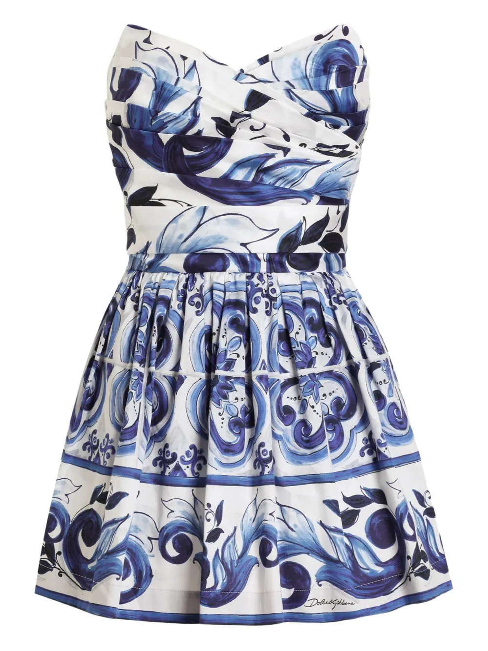 Dolce & Gabbana Majolica-print Strapless Mini Dress In Blue