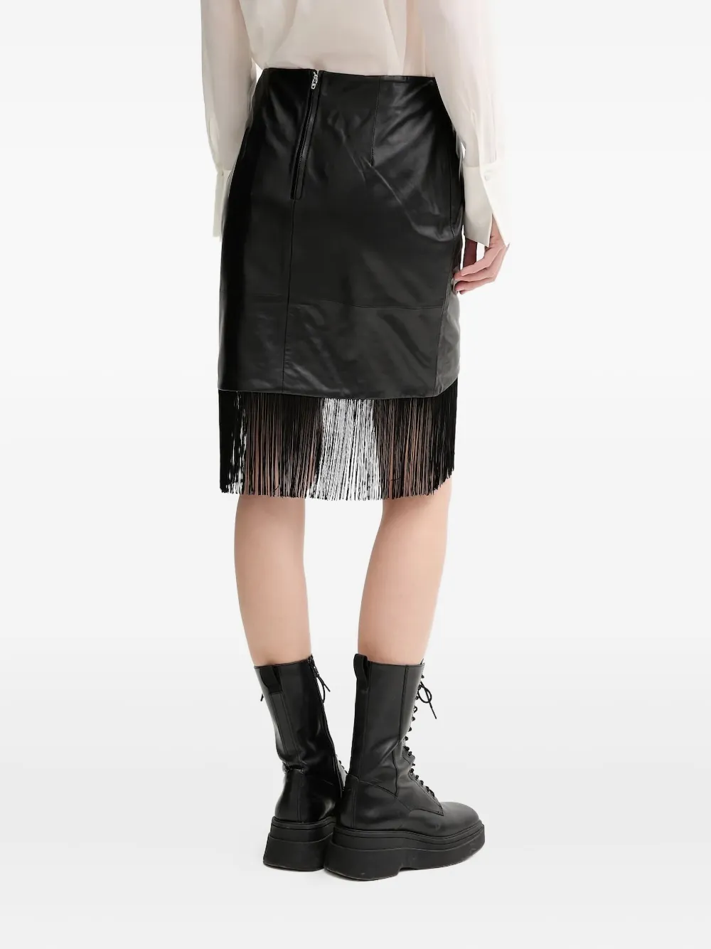 Iro Leather Fringe Asymmetric Midi Skirt In Black