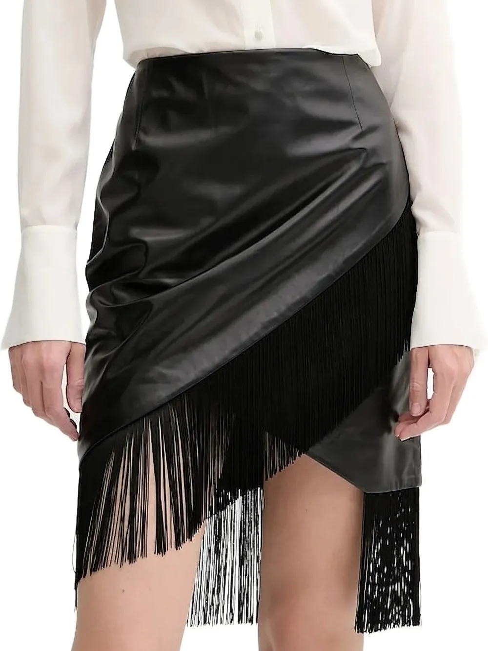 Iro Leather Fringe Asymmetric Midi Skirt In Black