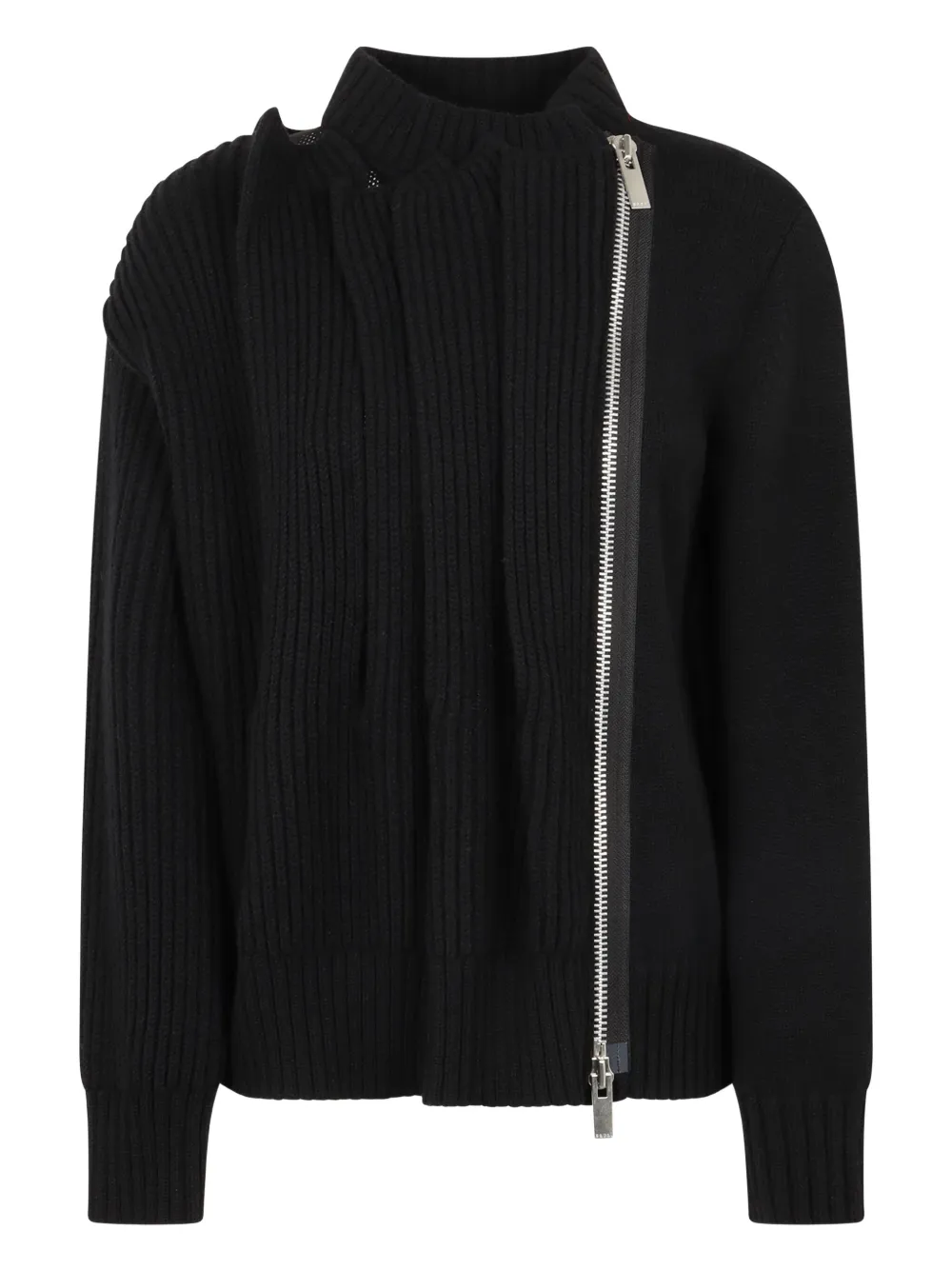 sacai ribbed-knit zip-front cardigan - 001 BLACK sacai ribbed-knit zip-front cardigan - 001 BLACK