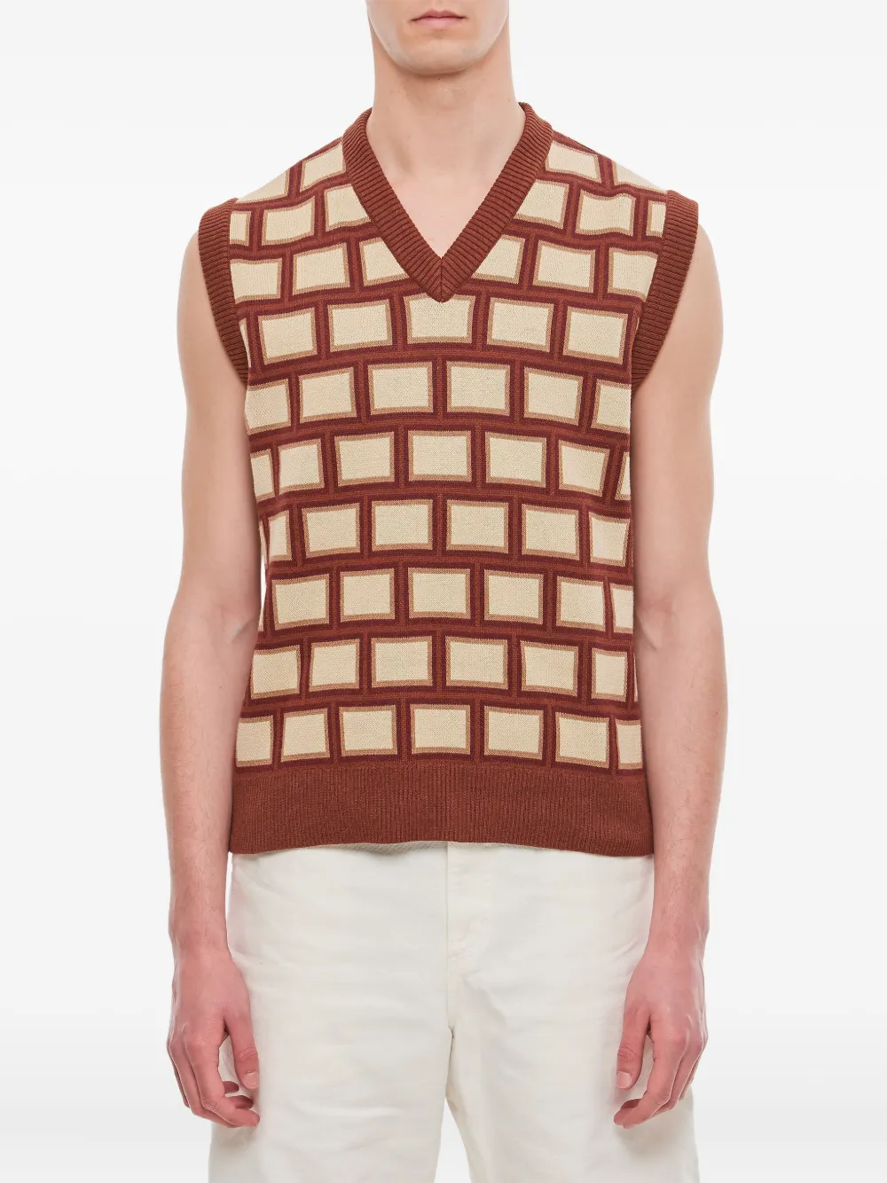 CHATEAU ORLANDO square-pattern V-neck top | Brown | Image 1