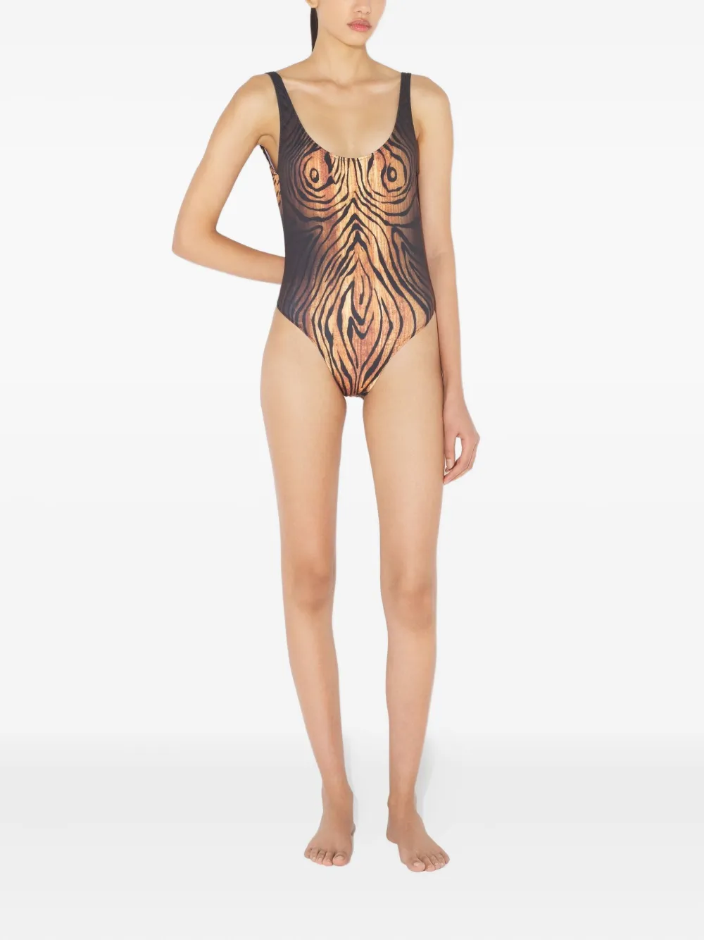 Jean Paul Gaultier Badpak met diepe ronde hals en houtprint Zwart