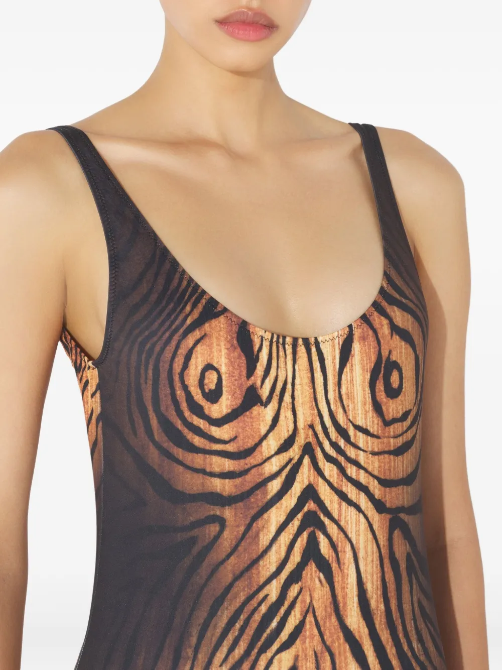 Jean Paul Gaultier Badpak met diepe ronde hals en houtprint Zwart