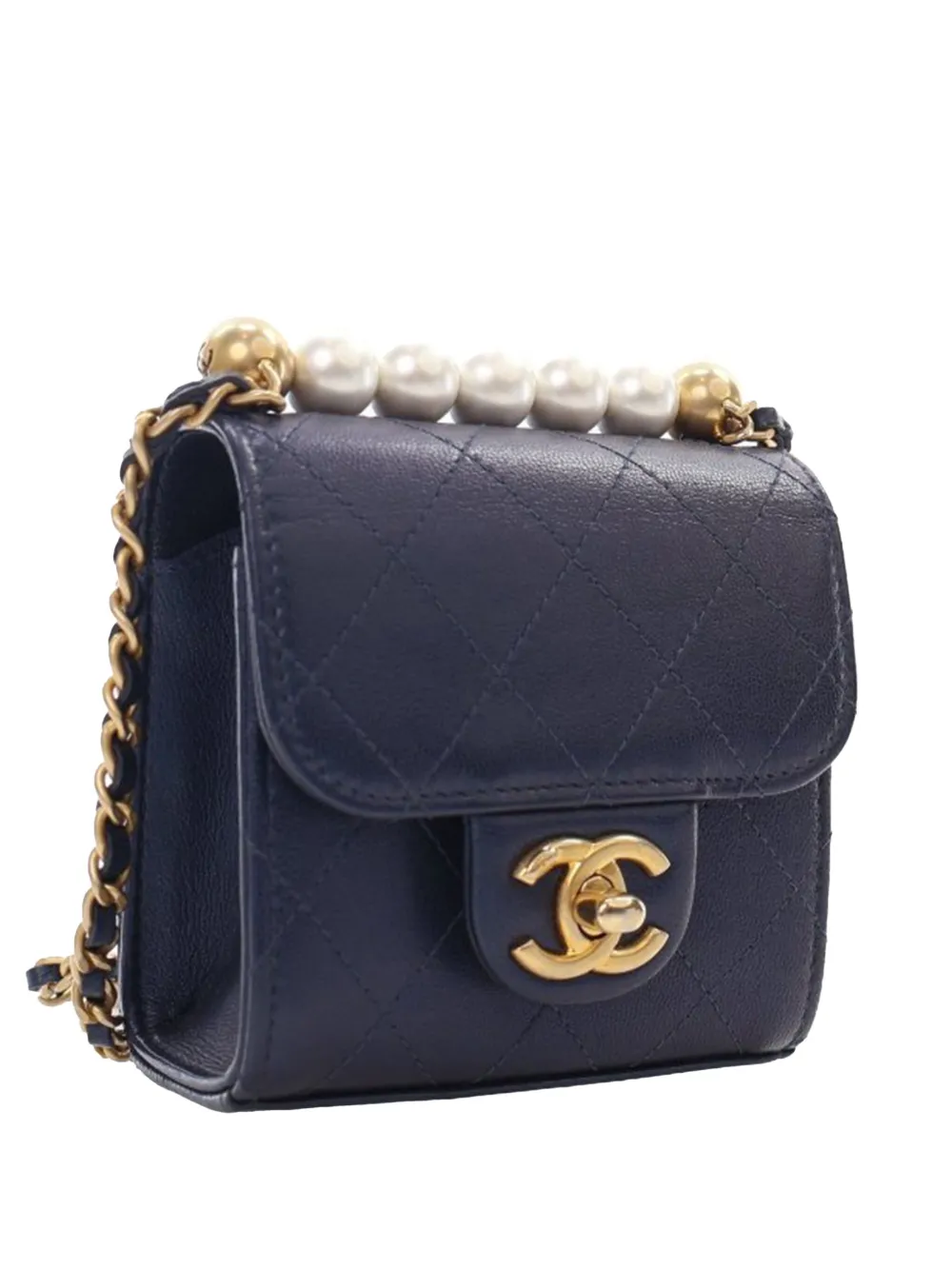 Pre-owned Chanel 2019 Mini Goatskin Chic Pearls Clutch On Chain Crossbody Bag In Blue