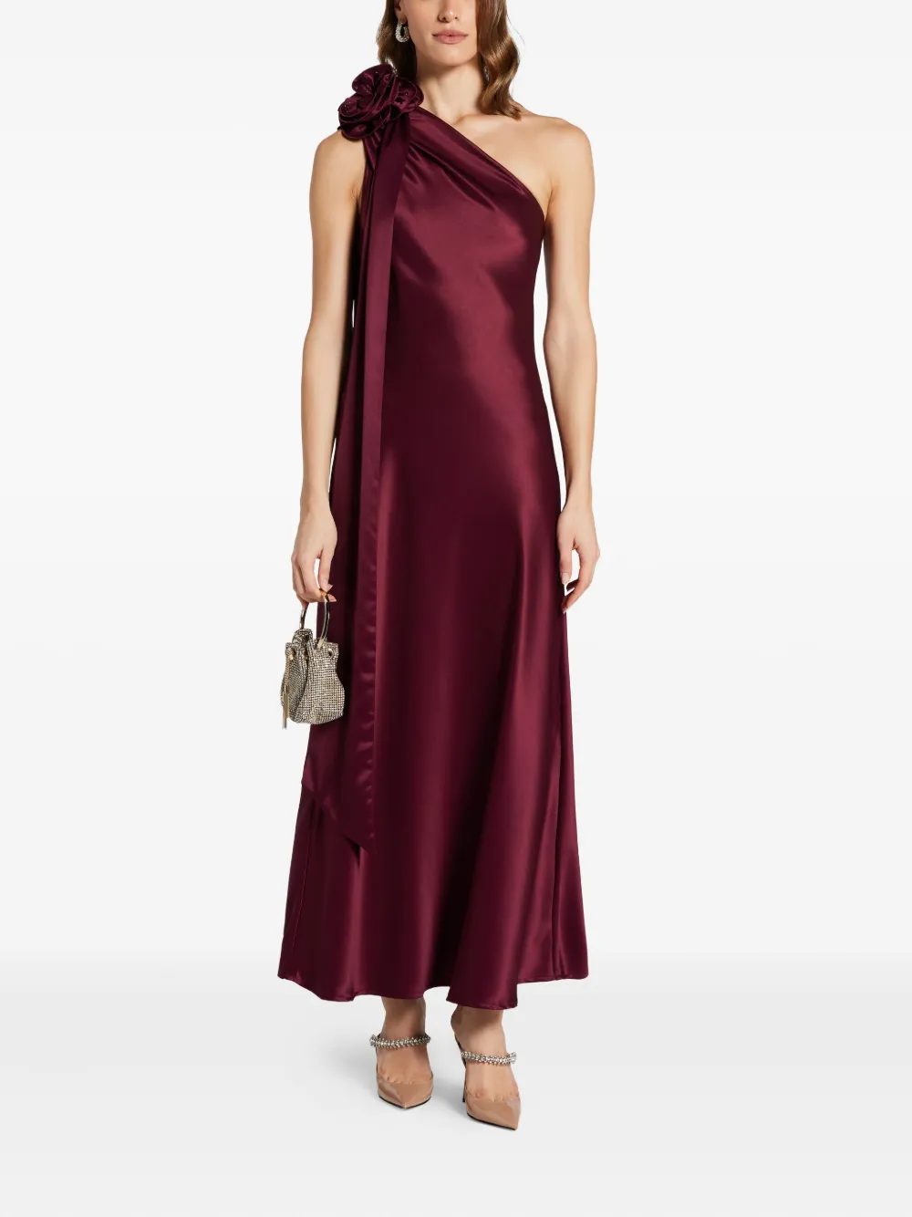 VASILIKI rose-embellished one-shoulder maxi dress - Rood