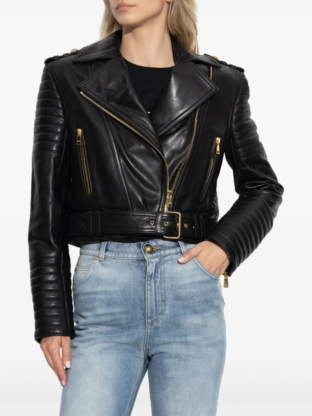 Balmain asymmetrical-zip leather jacket Zwart