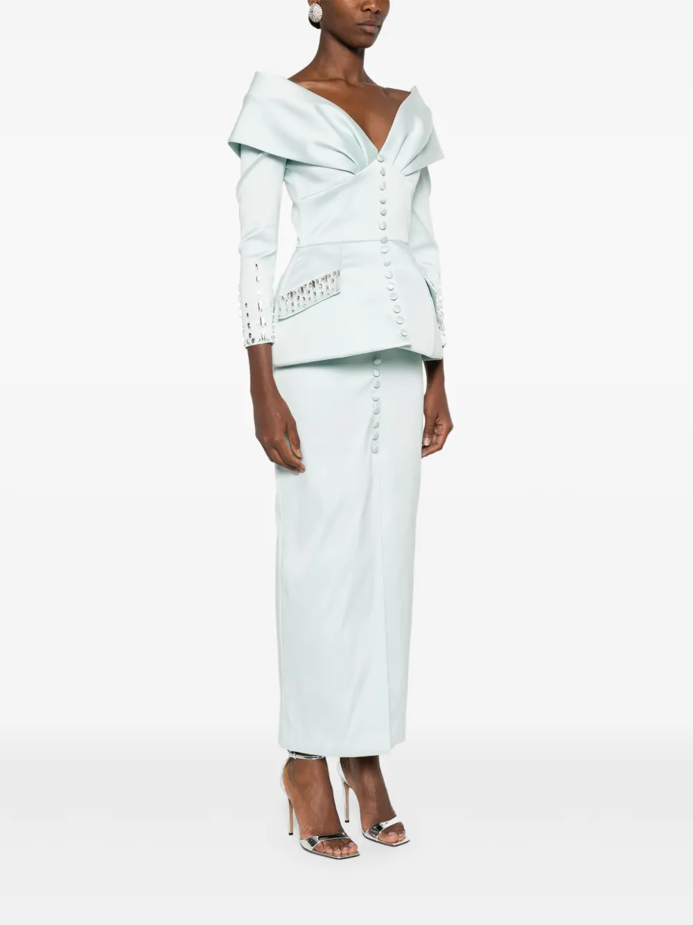 SILK LOVE & LACE Off-shoulder jurk met kristallen Groen