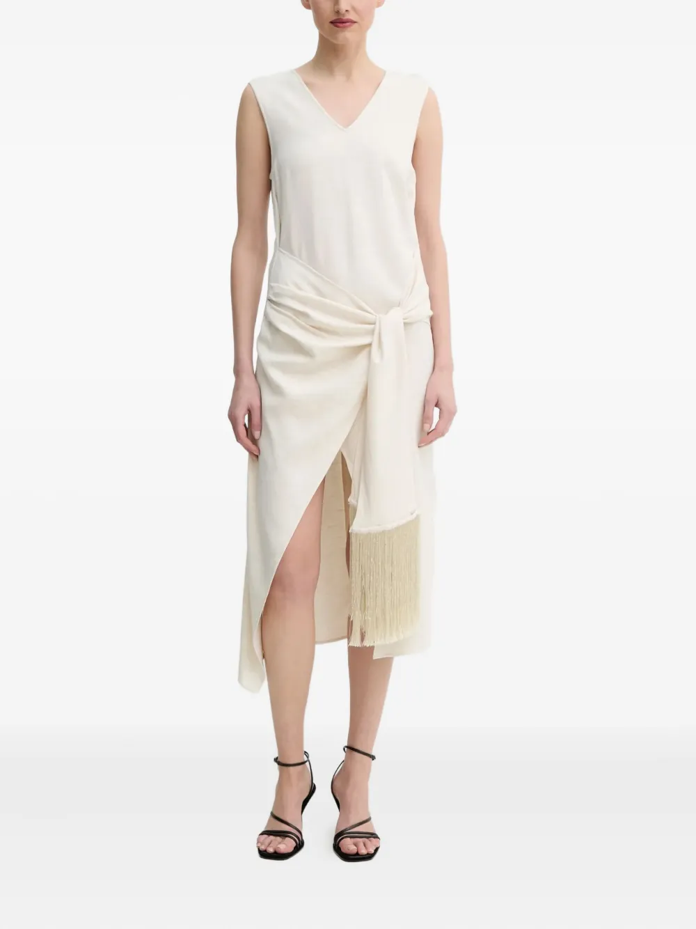 Isabelle Blanche Jurk met franje en gestrikte voorkant - Beige