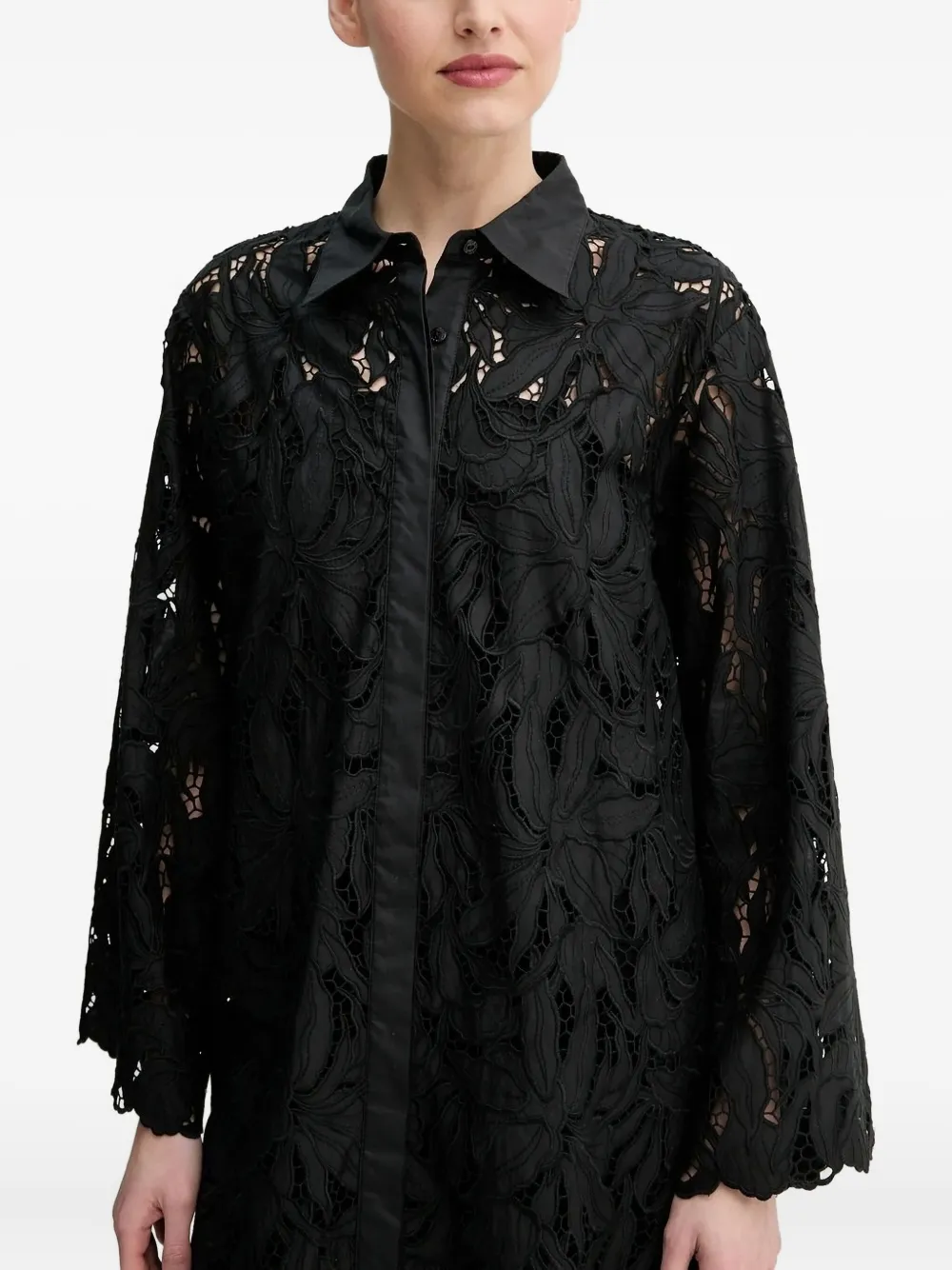 Isabelle Blanche floral-lace shirt midi dress Zwart