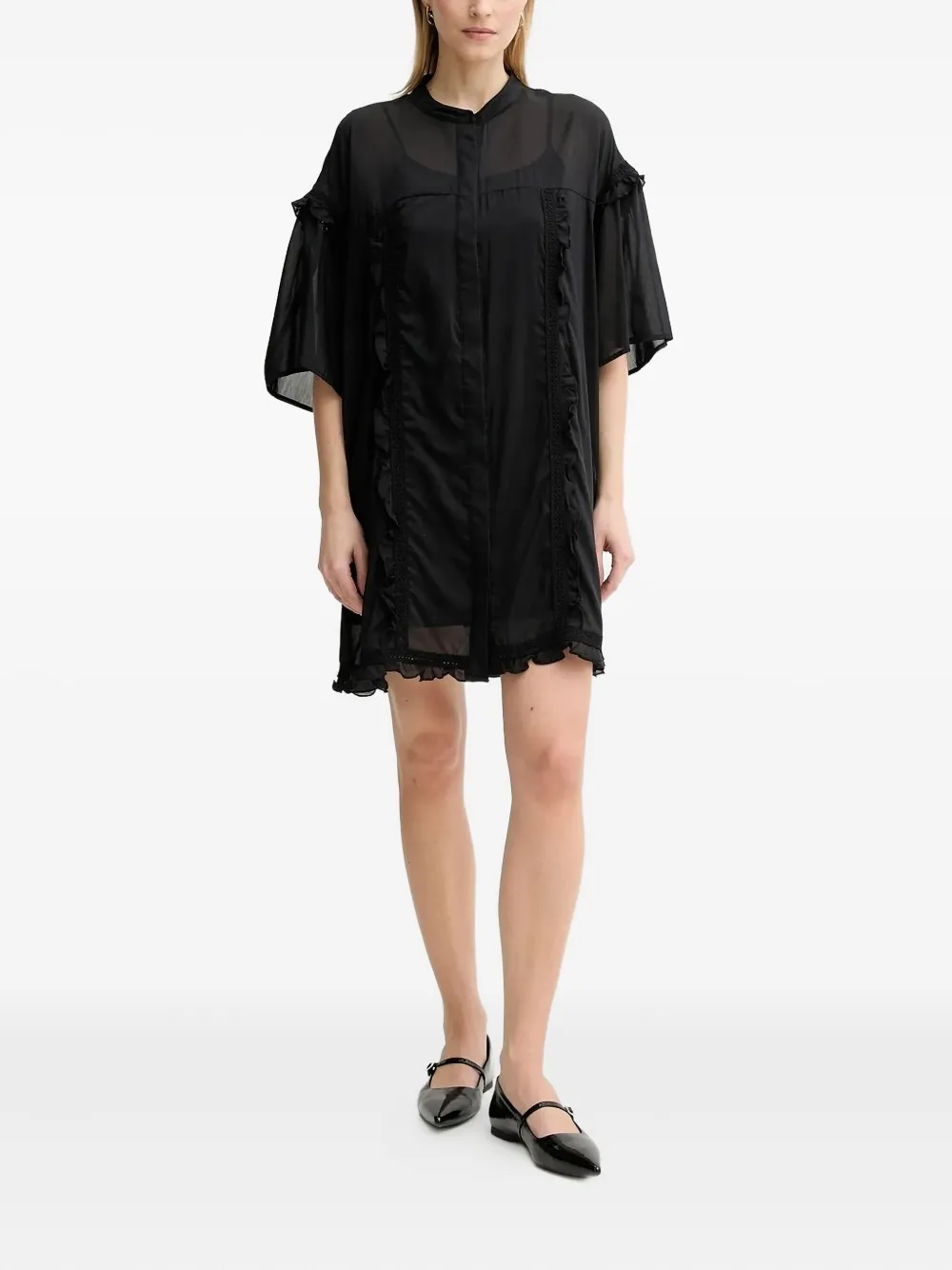 Isabelle Blanche ruffle-trimmed lace-insert mini dress Zwart