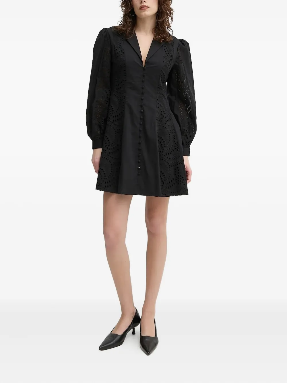 Isabelle Blanche eyelet-embroidered puff-sleeve mini dress Zwart