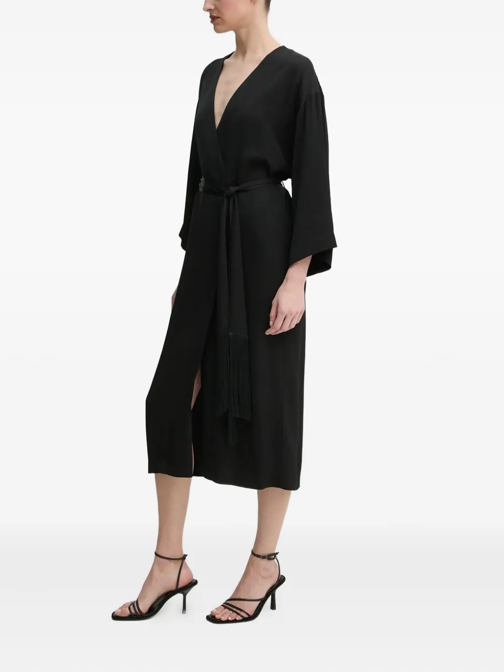 Isabelle Blanche fringe-detail wrap midi dress Zwart