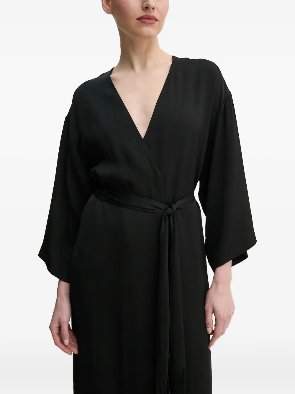 Isabelle Blanche fringe-detail wrap midi dress Zwart