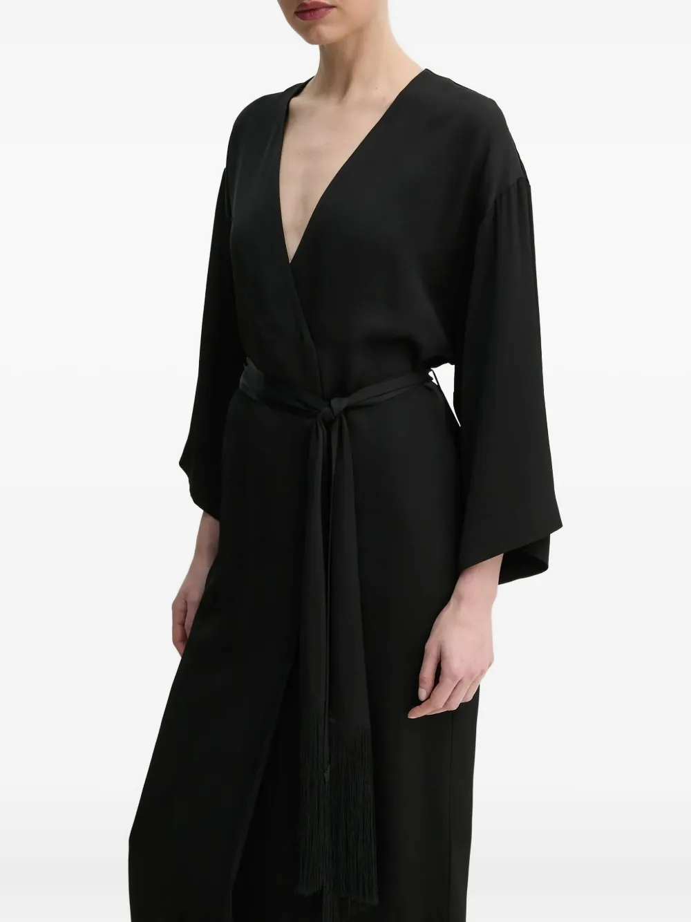 Isabelle Blanche fringe-detail wrap midi dress Zwart