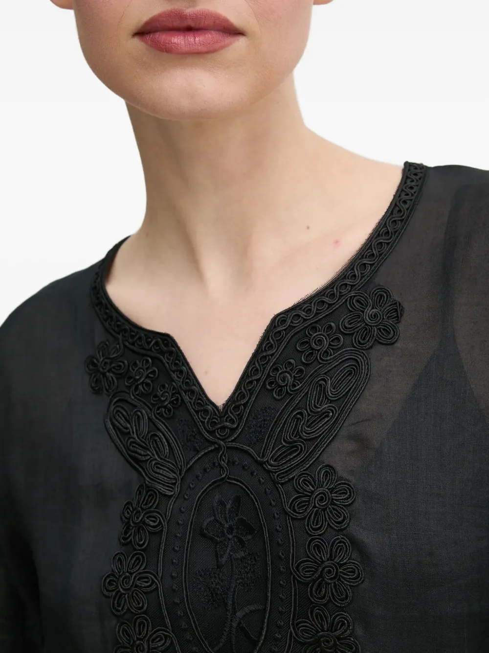 Isabelle Blanche embroidered-details balloon-sleeve mini dress Zwart