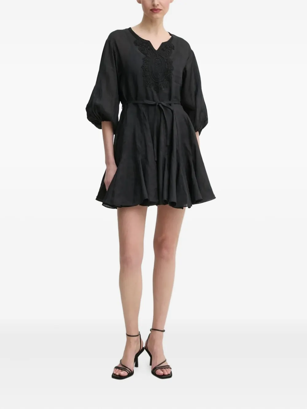 Isabelle Blanche embroidered-details balloon-sleeve mini dress Zwart
