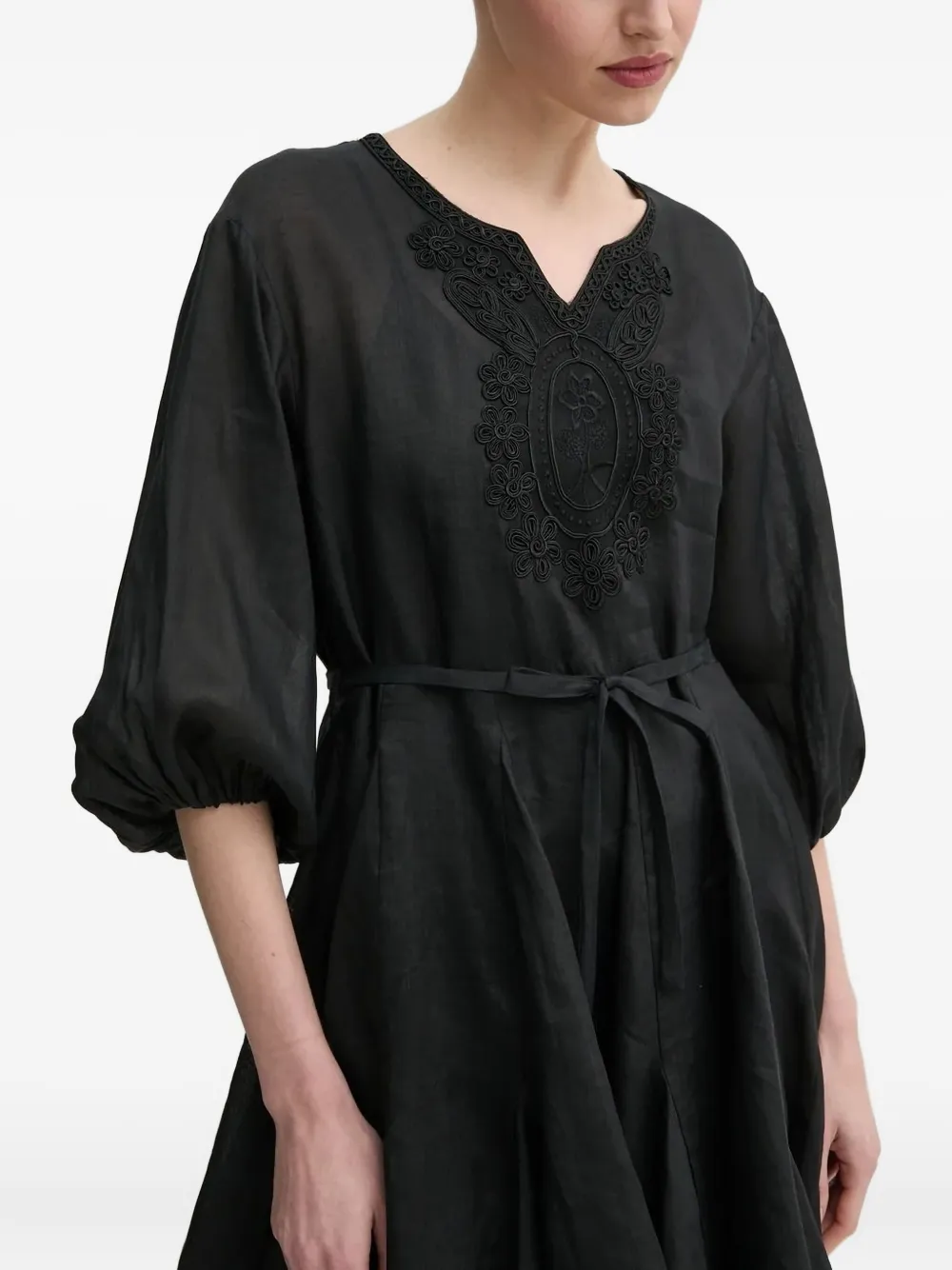 Isabelle Blanche embroidered-details balloon-sleeve mini dress Zwart