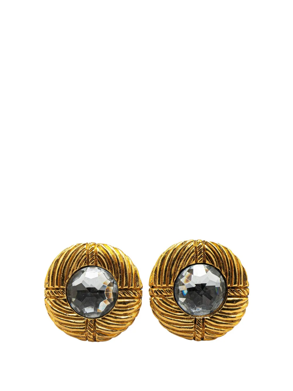 CHANEL Pre-Owned 20th Century Gold Plated Ribbed Rhinestone Clip On CHANEL Pre-Owned 20th Century Gold Plated Ribbed Rhinestone Clip On