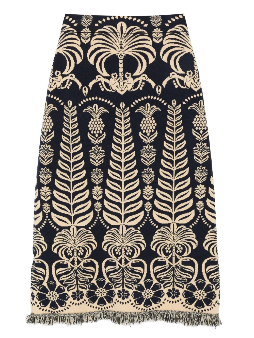 FARM Rio Midi-rok met bloemenjacquard en franje - Blauw