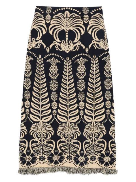 FARM Rio foral-jacquard fringed midi skirt