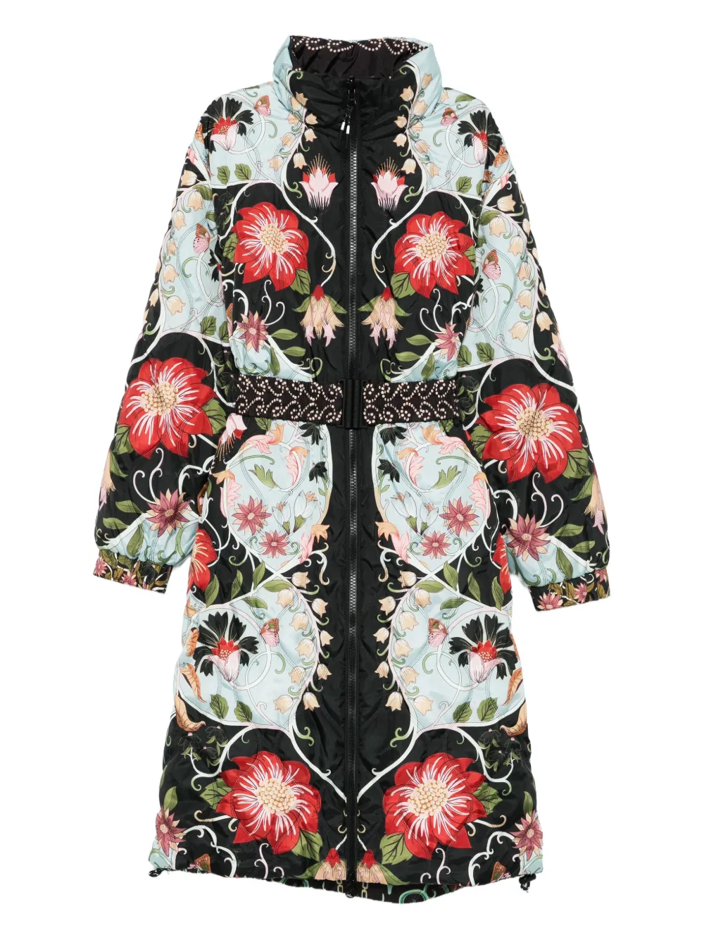 floral-swan print belted coat
