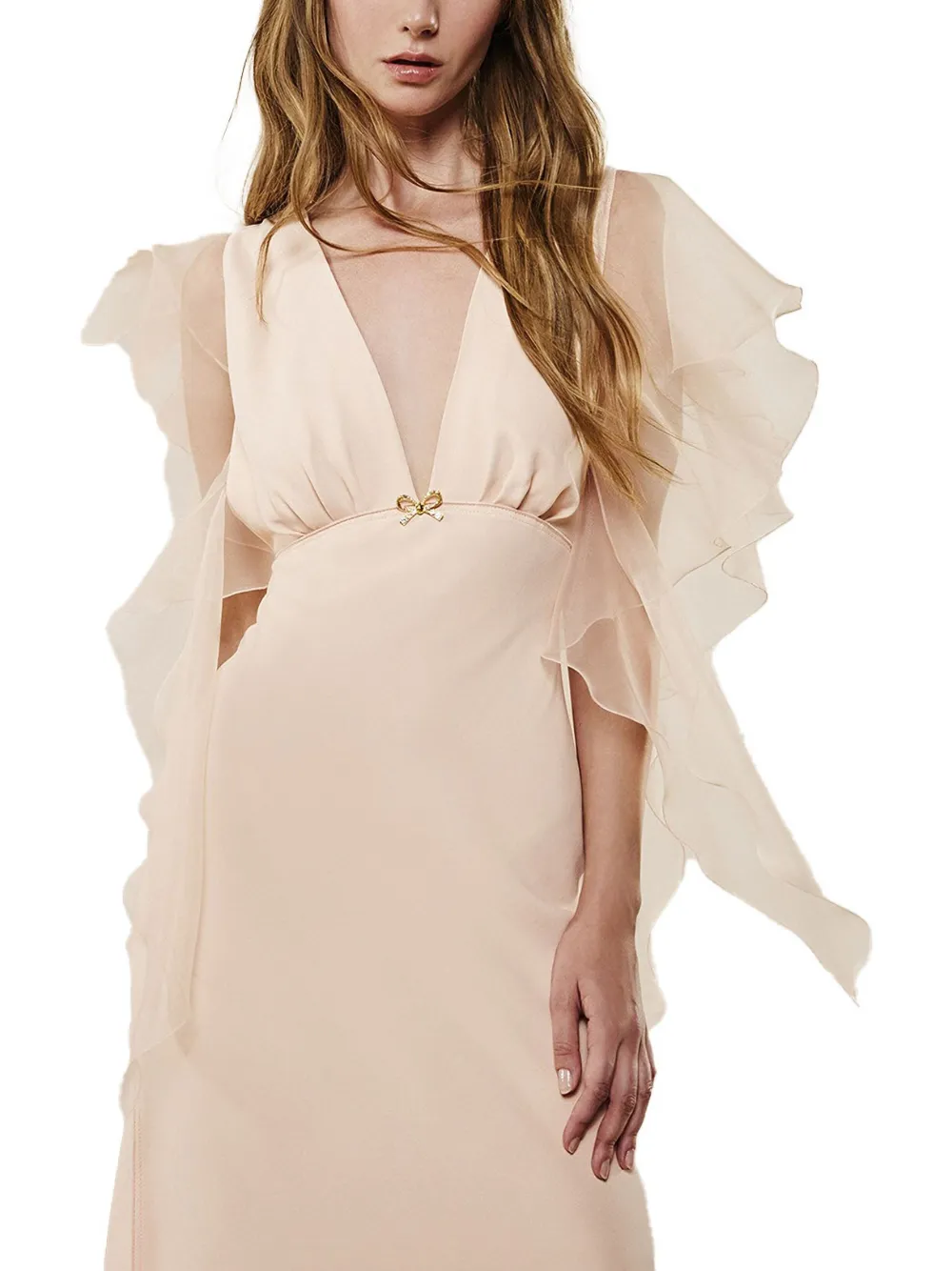 PRONOVIAS PARTY EDIT Midi-jurk met ruches mouwen Beige