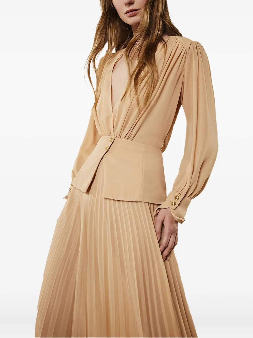 PRONOVIAS PARTY EDIT Geplooide maxi-jurk met V-hals Beige