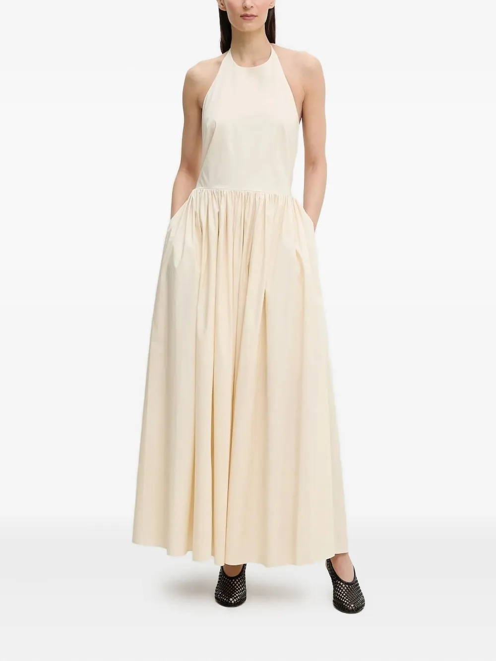 Isabelle Blanche Gesmockte maxi-jurk met halternek Beige