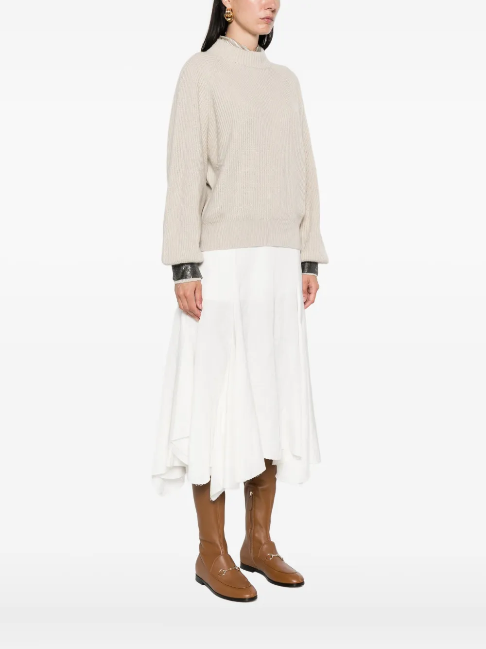 Brunello Cucinelli Geribbelde trui met verfraaide cuffs Beige