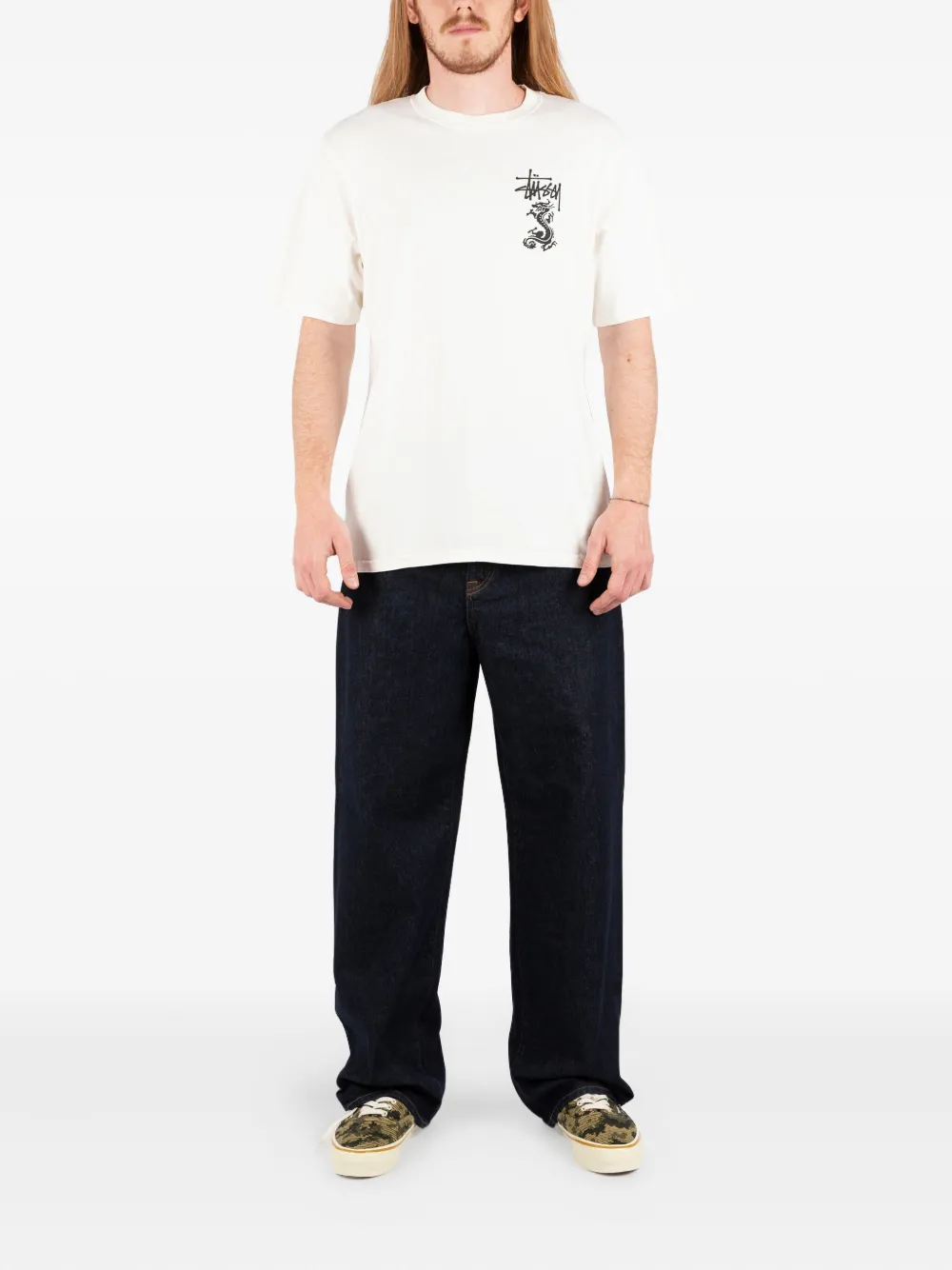 Stüssy T-shirt met draakprint - Beige