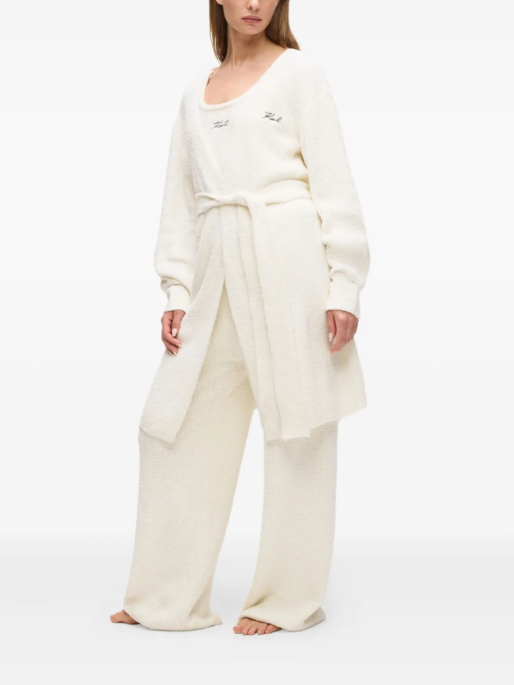 Karl Lagerfeld Fleece Wrap Loungewear Cardigan In White