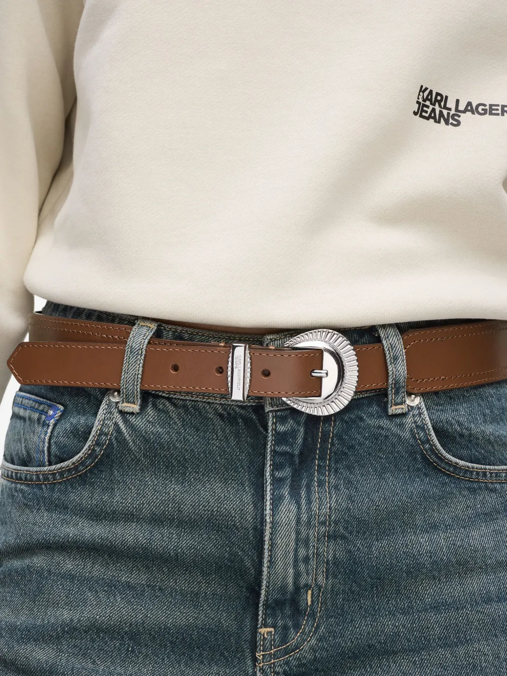 Karl Lagerfeld Jeans Round-buckle Leather Belt In Brown