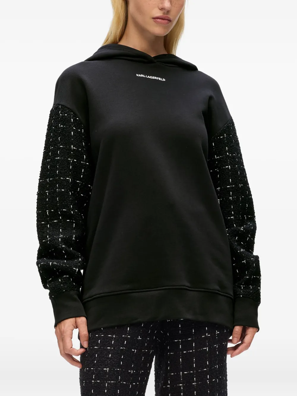Karl Lagerfeld Tweed-sleeve Hoodie In Black