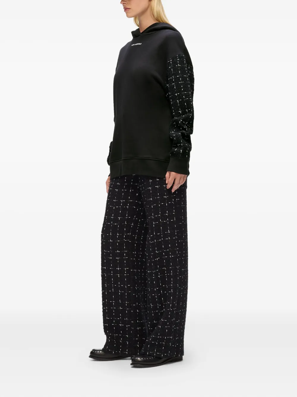 Karl Lagerfeld Tweed-sleeve Hoodie In Black