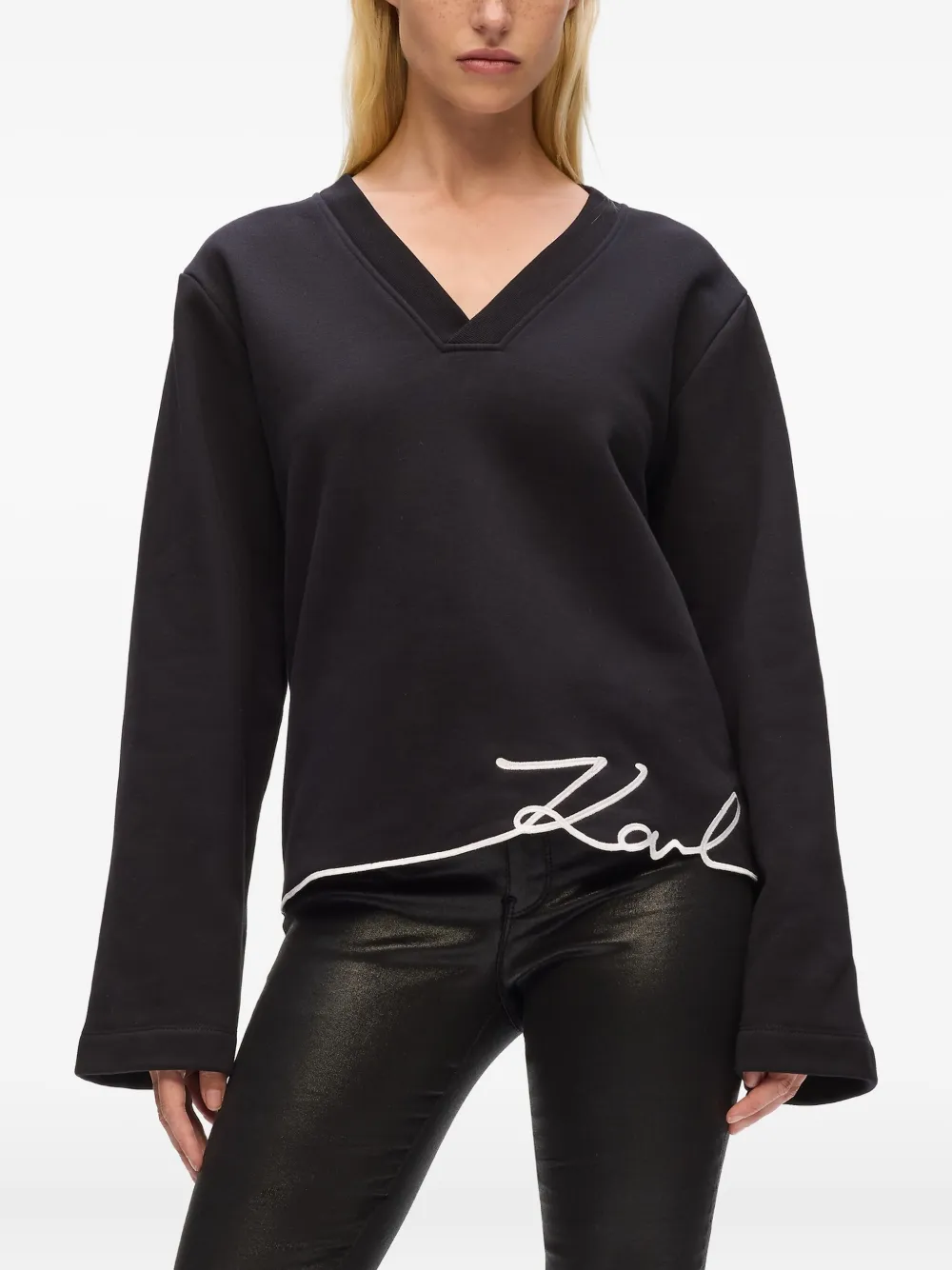 Karl Lagerfeld Signature-hem V-neck Sweater In Black