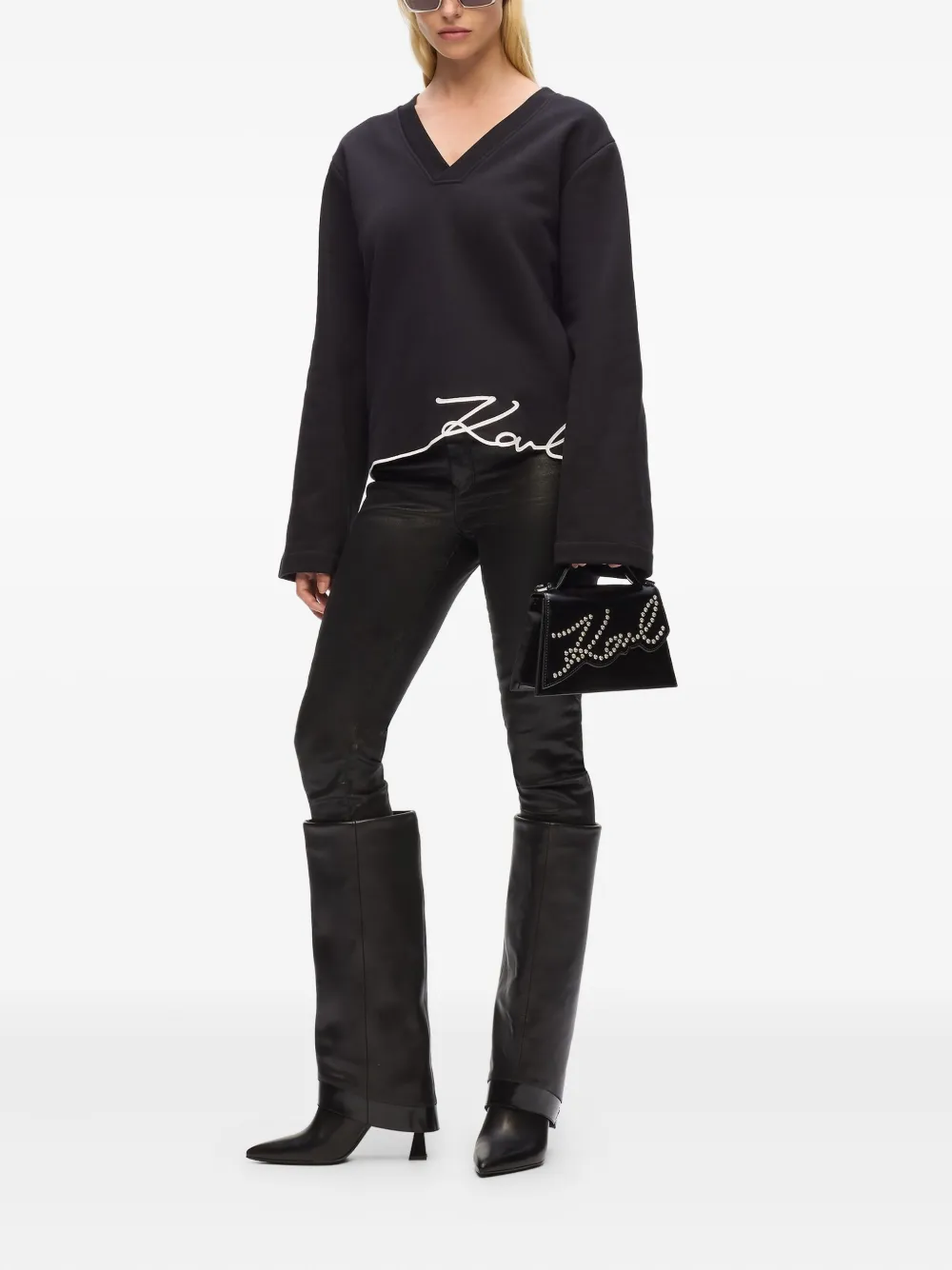 Karl Lagerfeld Signature-hem V-neck Sweater In Black