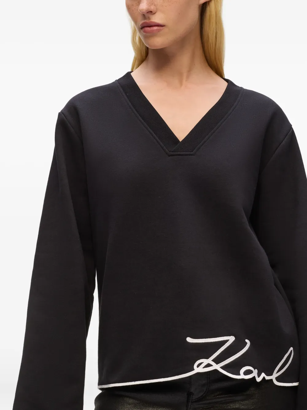 Karl Lagerfeld Signature-hem V-neck Sweater In Black