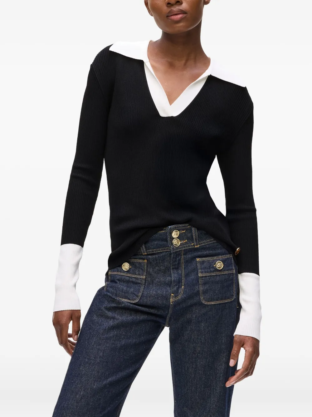 Karl Lagerfeld Geribbelde top met contrasterende kraag Zwart