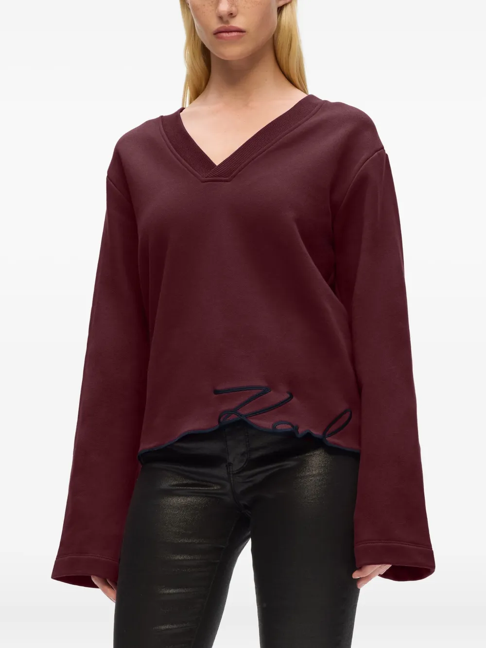 Karl Lagerfeld Signature-hem V-neck Sweater In Blue
