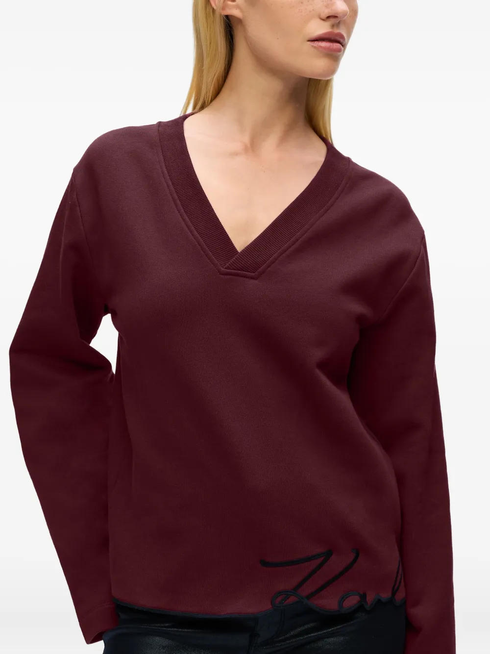 Karl Lagerfeld Signature-hem V-neck Sweater In Blue